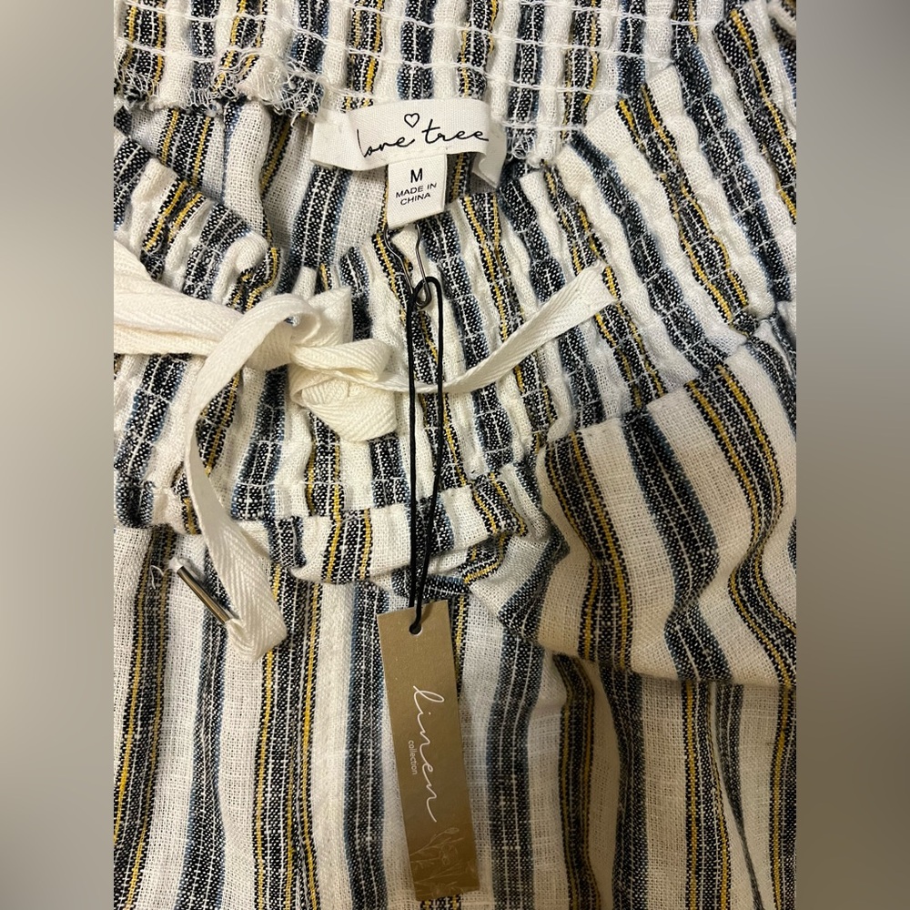 Love Tree Striped White Blue Yellow Linen Drawstring Pants NWT Size M - Picture 3 of 10